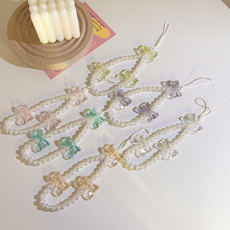 Exquisite Acrylic Beaded Hand Chain Romantic Bowknot Keychains for Women Trendy Phone Strap Vintage Accessories Classic Jewelry