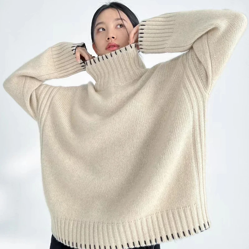 100% Pure Wool Cashmere Sweater Women's 2023 Autumn Winter New Turtleneck Pullover Fashion Loose