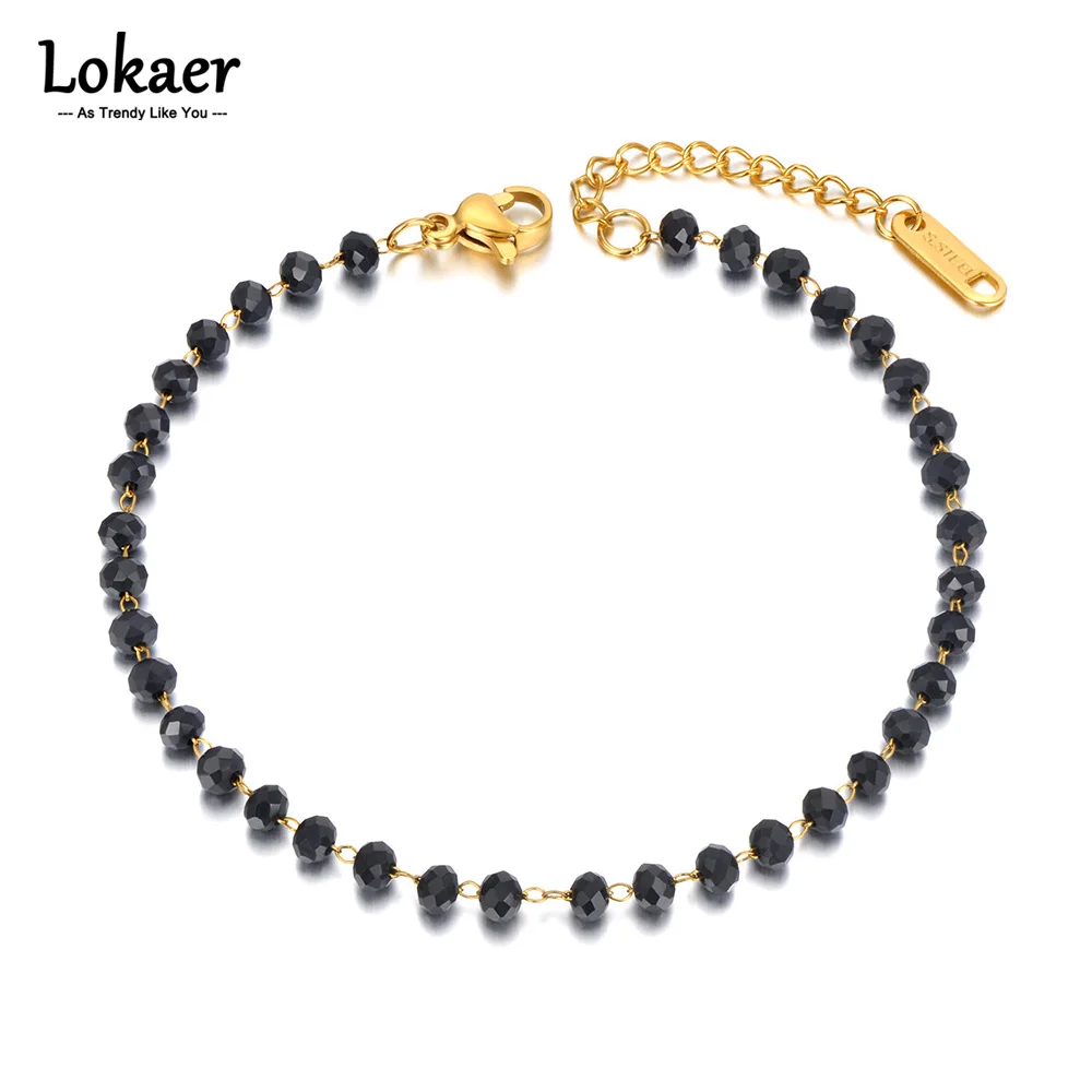 Lokaer Fashion Black CZ Crystal Charm Bracelet For Women Gilrs Stainless Steel Link Chain Bohemia