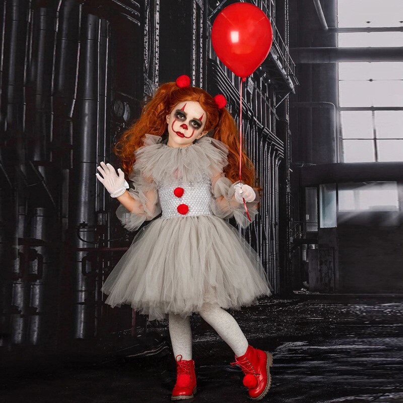 2023 Halloween Baby Girls Joker Cosplay Party Dress Children Grey Creepy Ball Gown for Role Play Kids All Saints' Day Costu