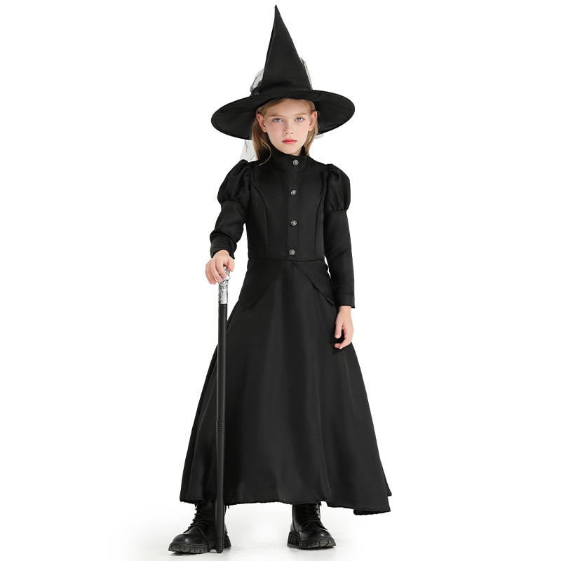 2023 Halloween Sorceress Cosplay Costumes for0 Girls Kids Black Maxi Dress Withwizard Hat for Witch Role Play Child Partywear