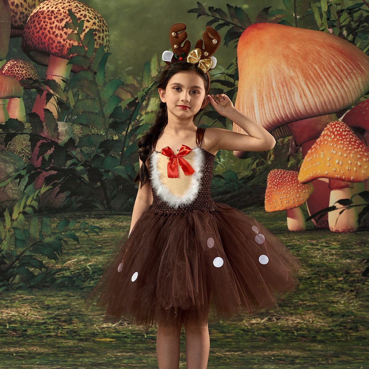 2023 Christmas Elk Cosplay Party Girls Dress Mesh Polka Dot Print Cute Cartoon Children Kids Tutu Dresses + Headband Vestidos