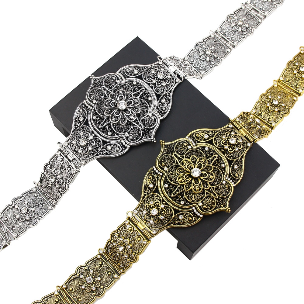 Sunspicems Chic Caucasus Bride Dress Belt for Women Flower Waist Belt Belly Chain Adjustable Length Antique Gold Silver Color