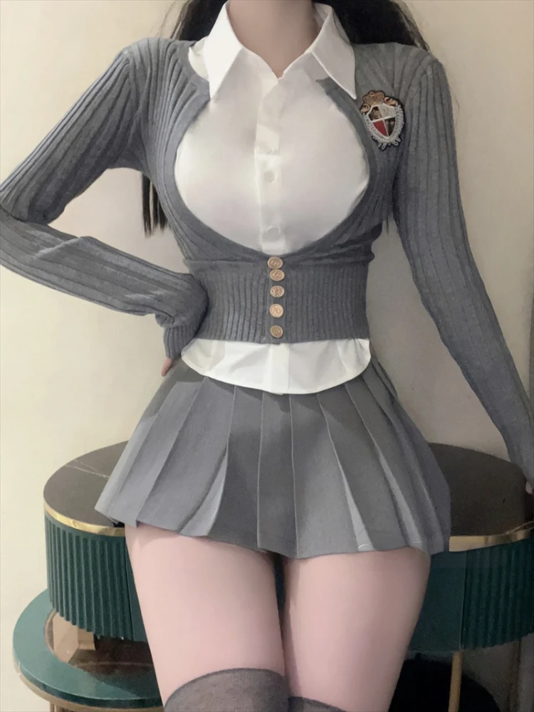 College Style Kawaii 3 Piece Set Women Korean Fashion Sweet Mini Skirt Suit Female Holiday Gray