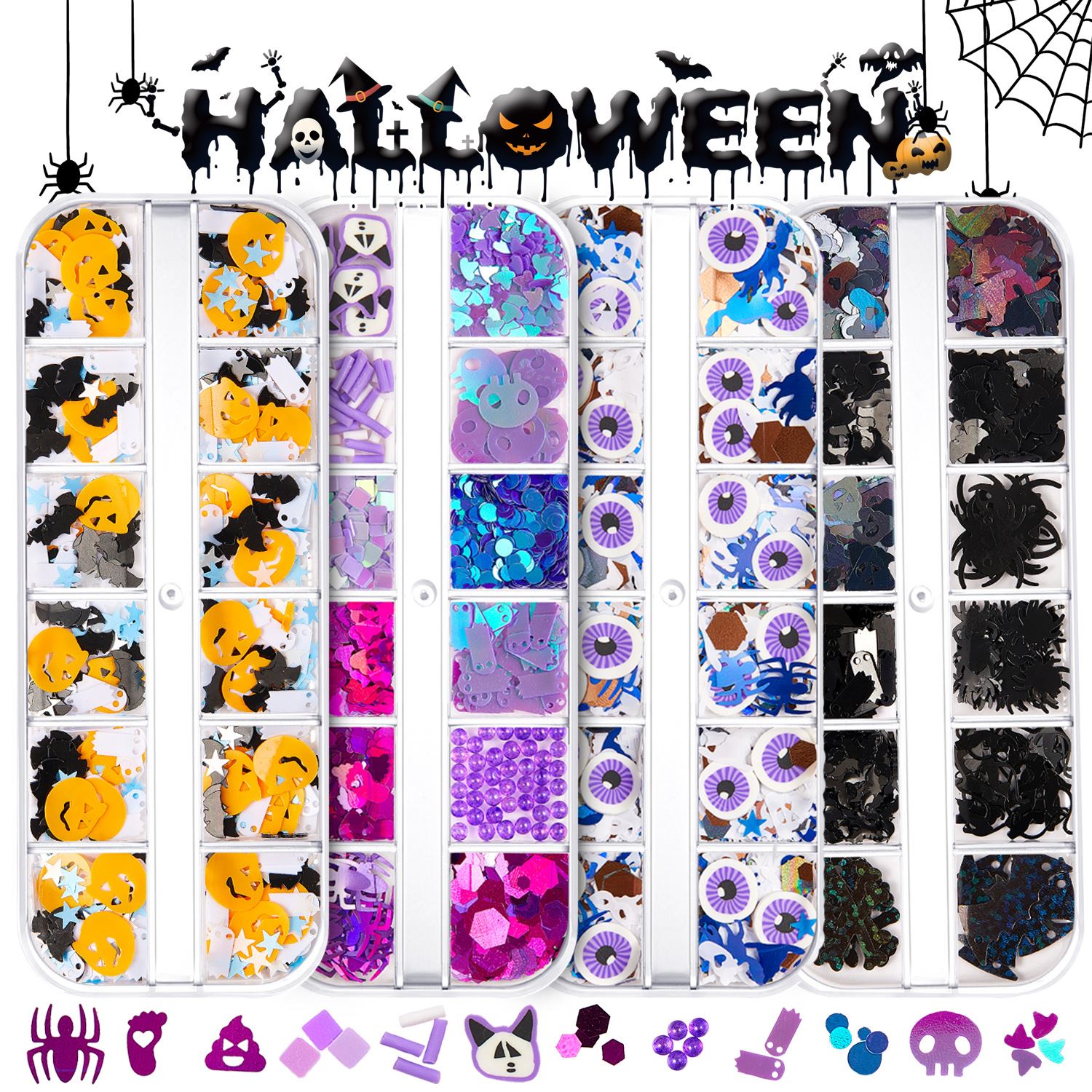 12 Grids Halloween Resin Filler Soft Clay Sequins Art Jewelry Making 3D Skeleton Spider Pumpkin Bat Witch Ghost DIY Nail Decora