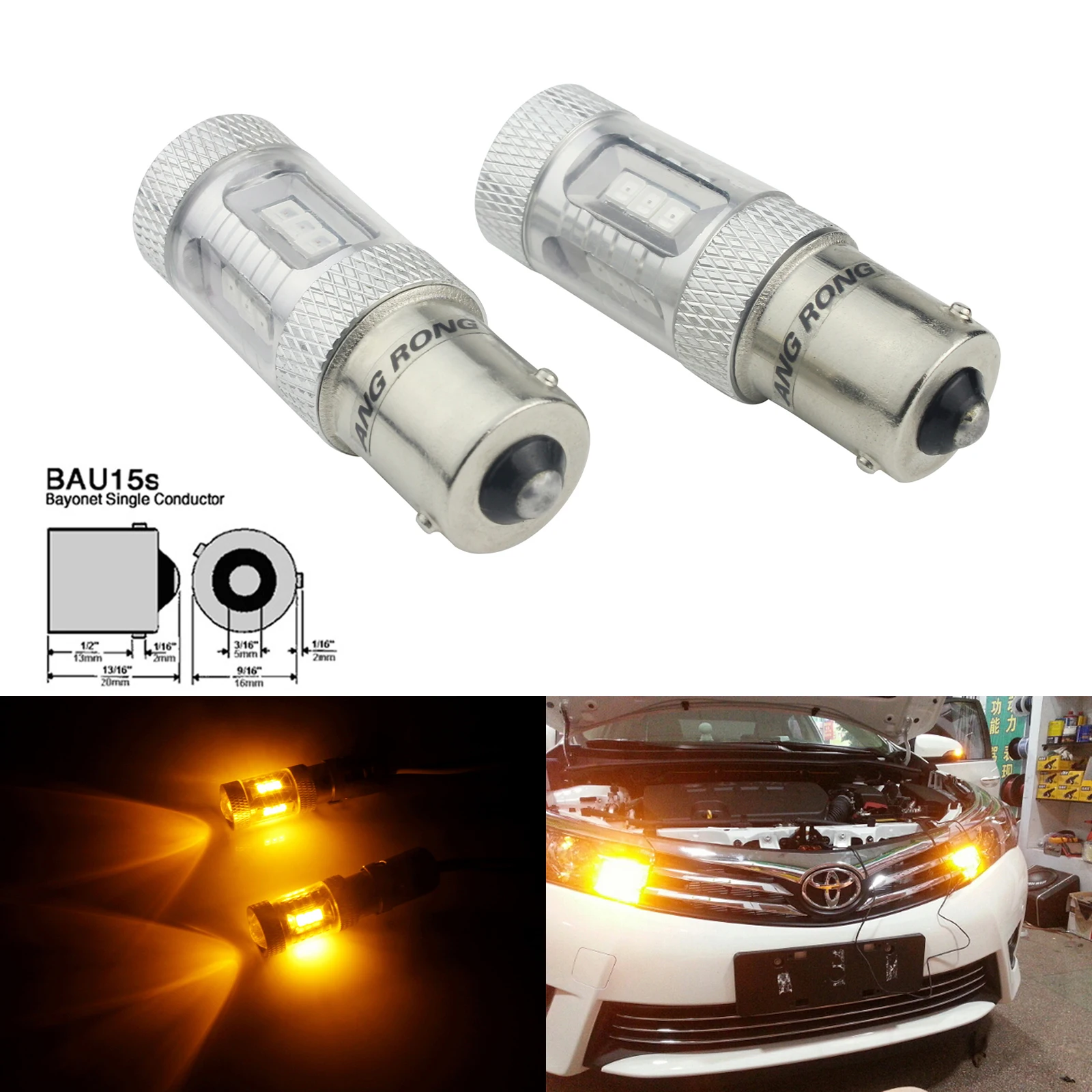 ANGRONG 2x 581 PY21W BAU15s 15W LED Sidelight Reverse Tail Brake Light Bulb Amber
