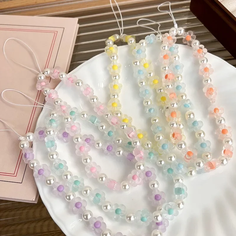 Colorful Resin Flower Pearl Bead Cell Phone Chain for Creative Phone Case Pendant Lovely Pearl Bead