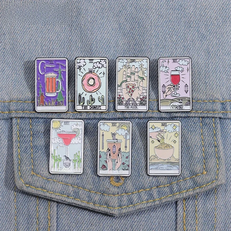 Tarot Food Enamel Pins Custom Coffee Red Wine Donuts Pizza Brooches Lapel Badges Funny