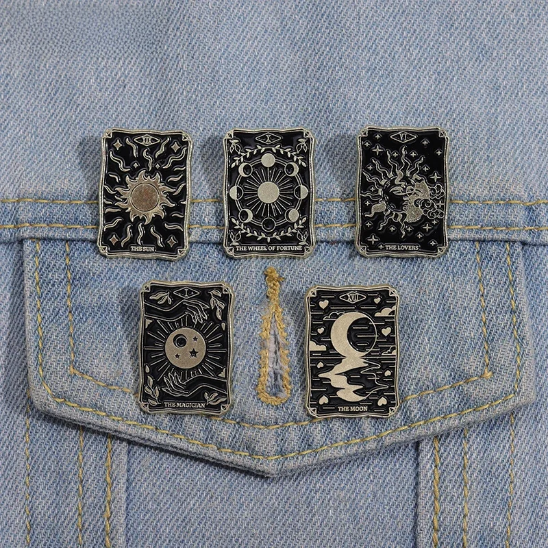 Black Tarot Enamel Pins Custom Sun Moon Stars Dark Witch Brooches Lapel Badges Punk