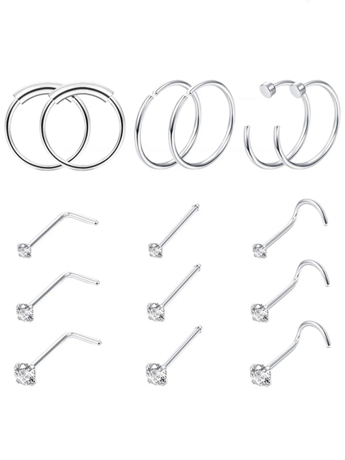 15PCS 20G surgical steel nose ring nail cartilage earring body piercing jewelry 1.5 mm 2mm 2.5 mm CZ