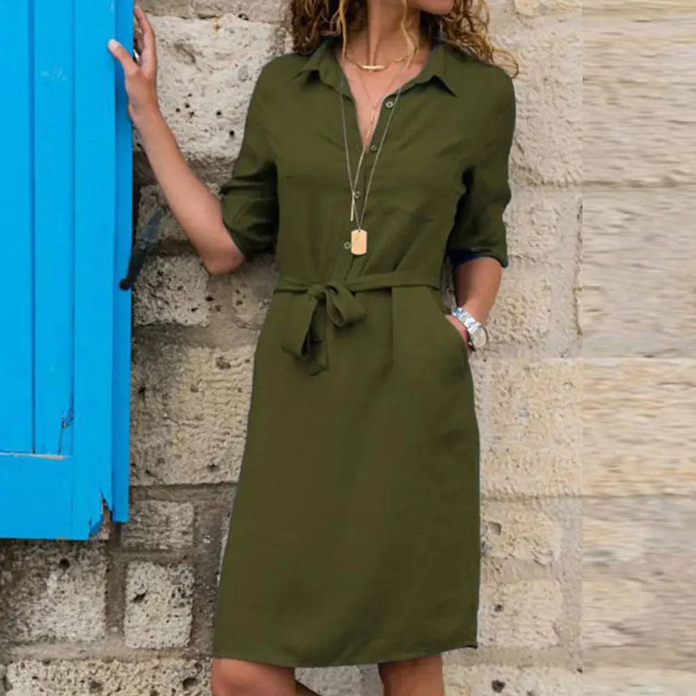 Jocoo Jolee Shirt Dress Women Turn-down Collar Sashes Knee-length Dress Casual Psrty Dress Oversized