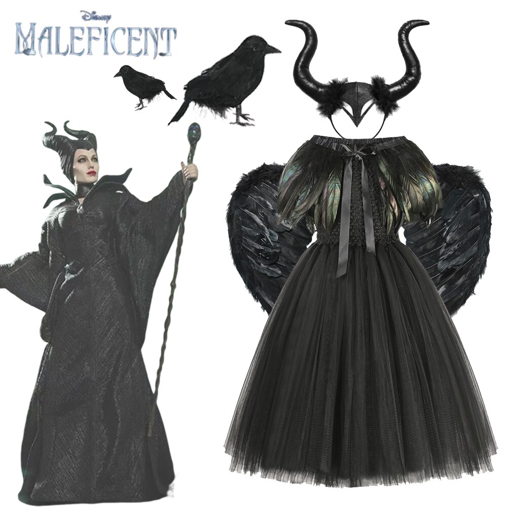 Disney Maleficent Dress Costume Demon Queen Witch Black Luxury Christening Gown Party Kid For Girls Halloween Cosplay Costumes