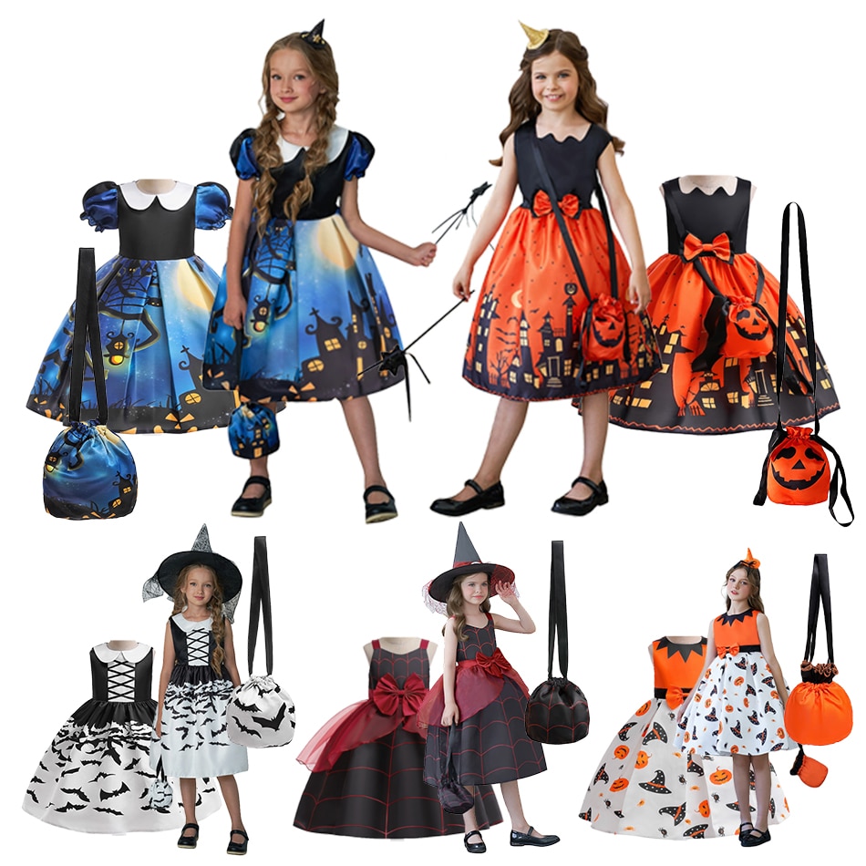Kids Girls Halloween Witch Costume Dress Pumpkin Bat Spider Printed Fancy Dress Cosplay Party Outfits with Candy Handbag