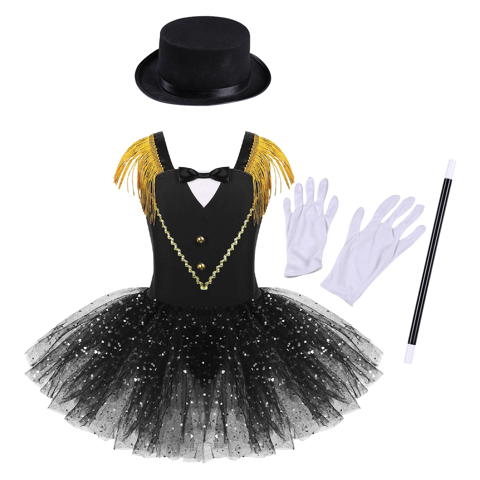 Kid Girls Circus Ringmaster Cosplay Costumes Halloween Carnival Party Dress Up Tassel Shoulder Leotard Dress with Hat Magic Wand
