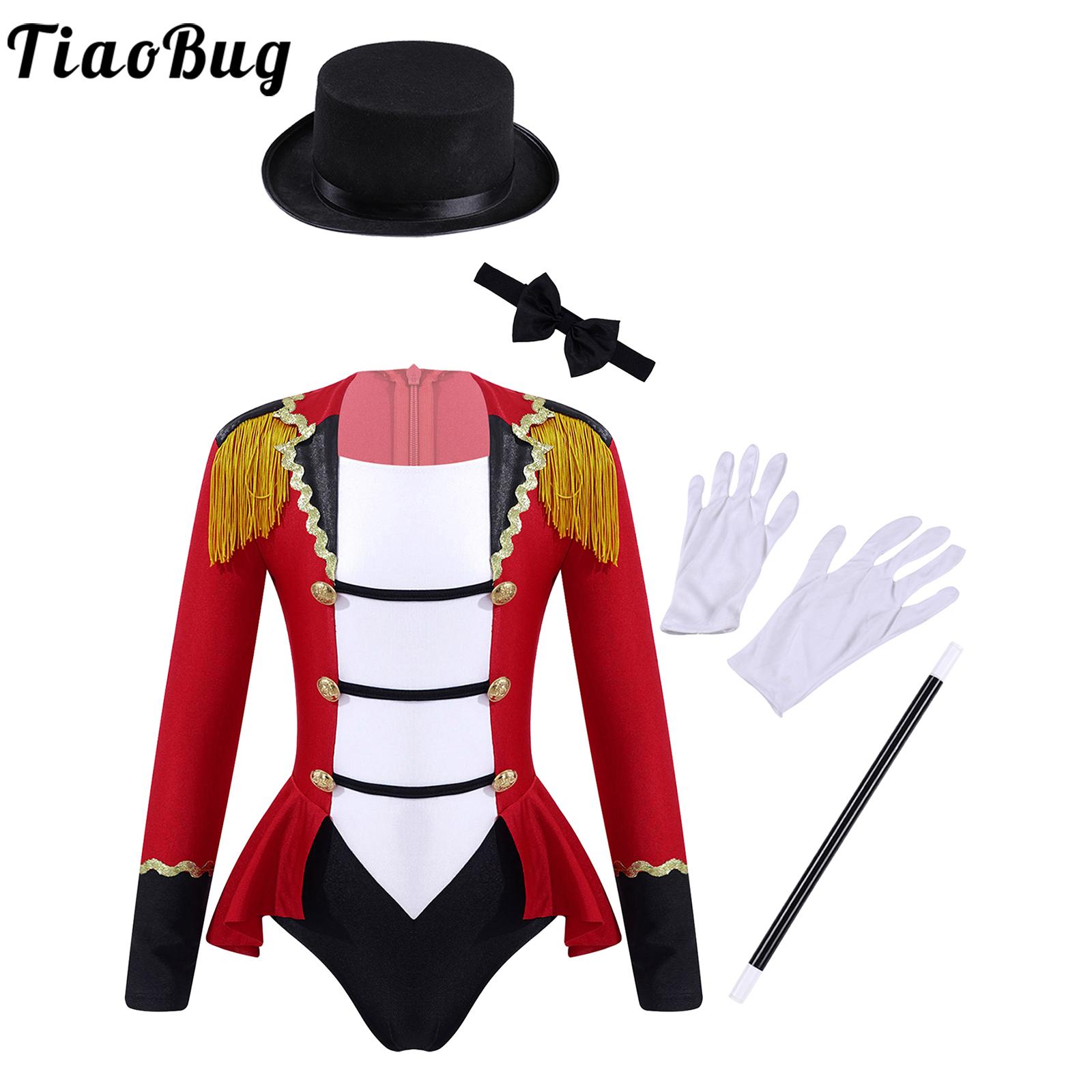 Kids Girls Circus Ringmaster Cosplay Costume Halloween Fancy Dress Long Sleeve Lapel Tassel Bodysuit with Bow Tie Hat Magic Wand