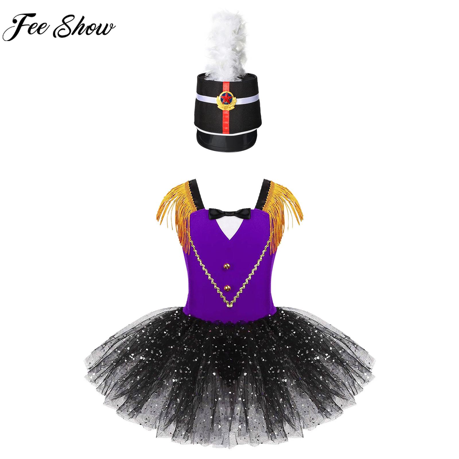Children Girls Parade Flag Raiser Honour Guard Outfits Halloween Theme Party Cosplay Costume Leotard Tutu Dress with Feather Hat