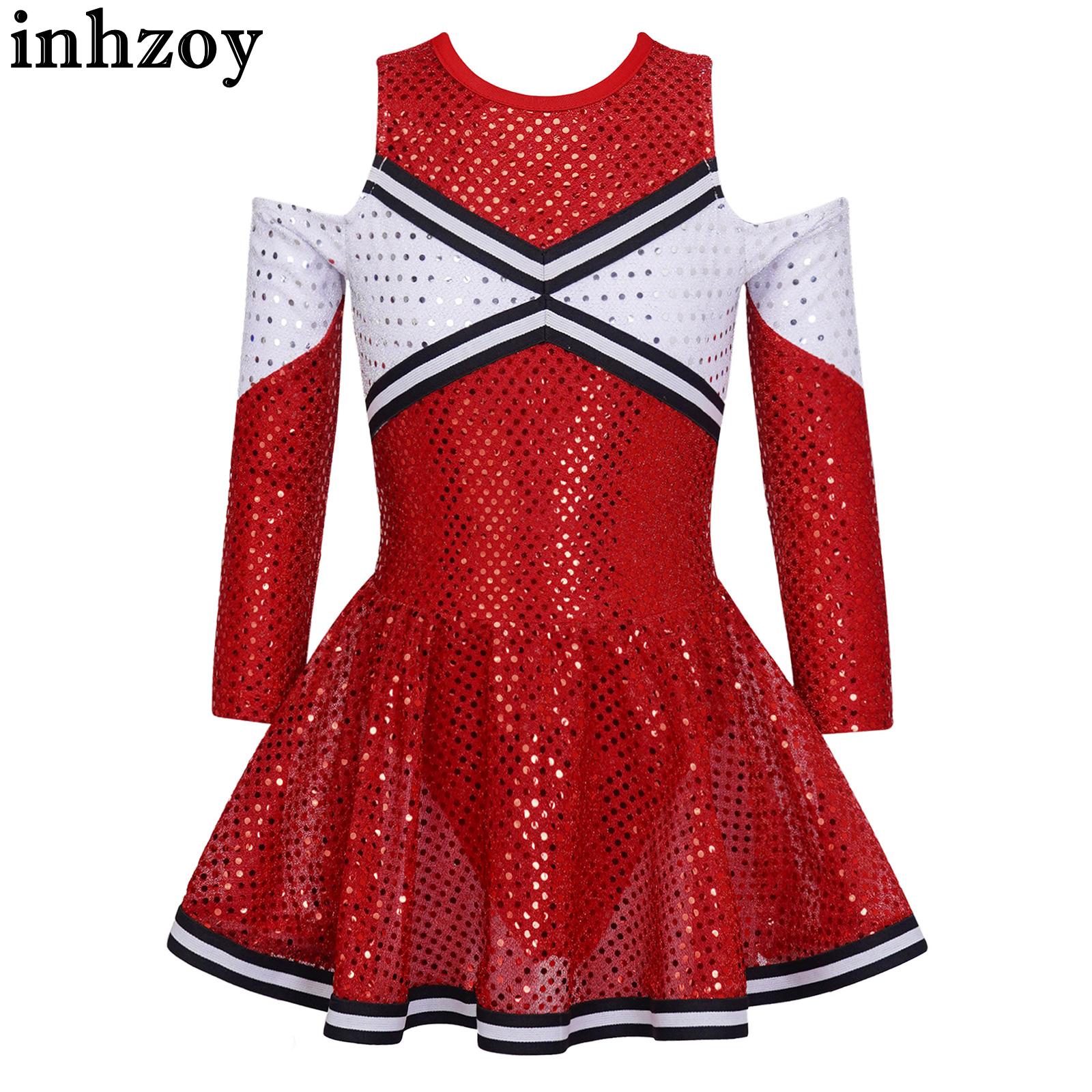 Cheerleading Dress for Girls Kids Cheer Leader Uniform Costume Long Sleeve Off-shoulder Shiny Sequins Contrast Color Dance Dress