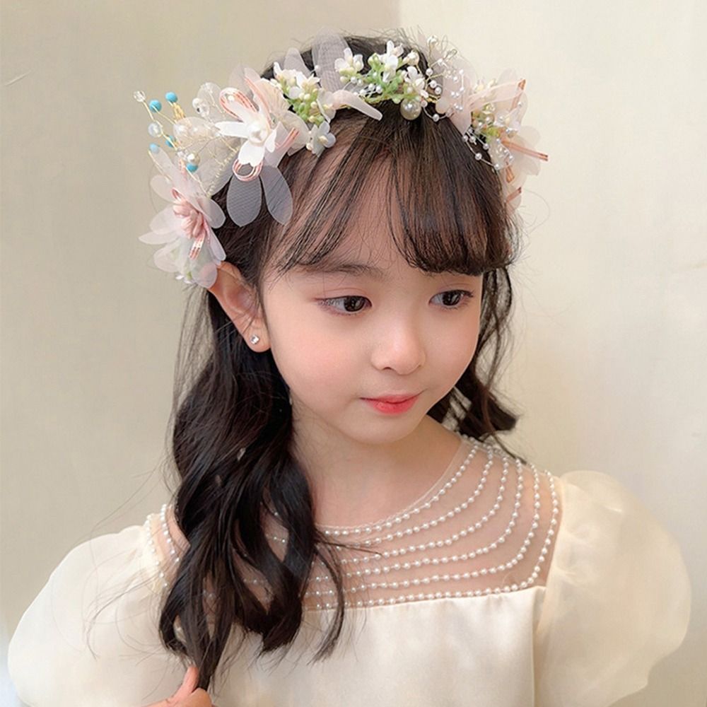 Korean Style Children Girl Fairy Delicate Pearl Wreath Girl Butterfly Flower Crown Birthday Gift Sweet Headdress