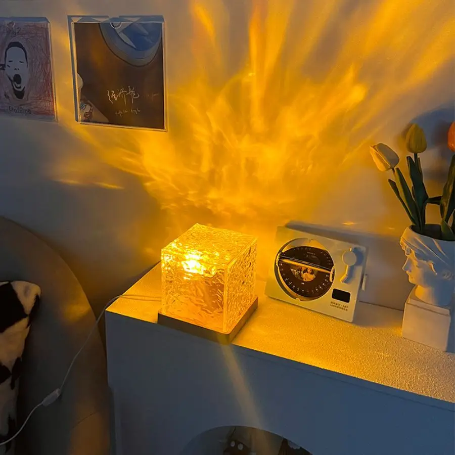Dynamic Rotating Water Ripple Projector Night Light 16 Colors Flame Crystal Lamp for Living Room