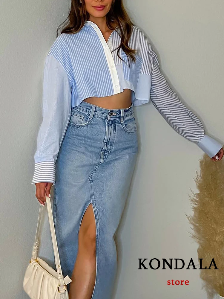 KONDALA Vintage Stripe Casual Long Sleeve Pocket Button Commute Women Shirt Fashion 2023 Summer