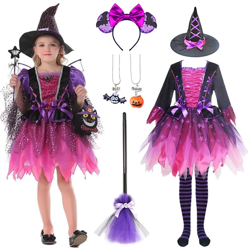 Halloween Cosplay Kids Ruffle Style Fluffy Witch Princess Dress Fairy Girl Role Play Masquerade Bat Vampire Stage Play Costume