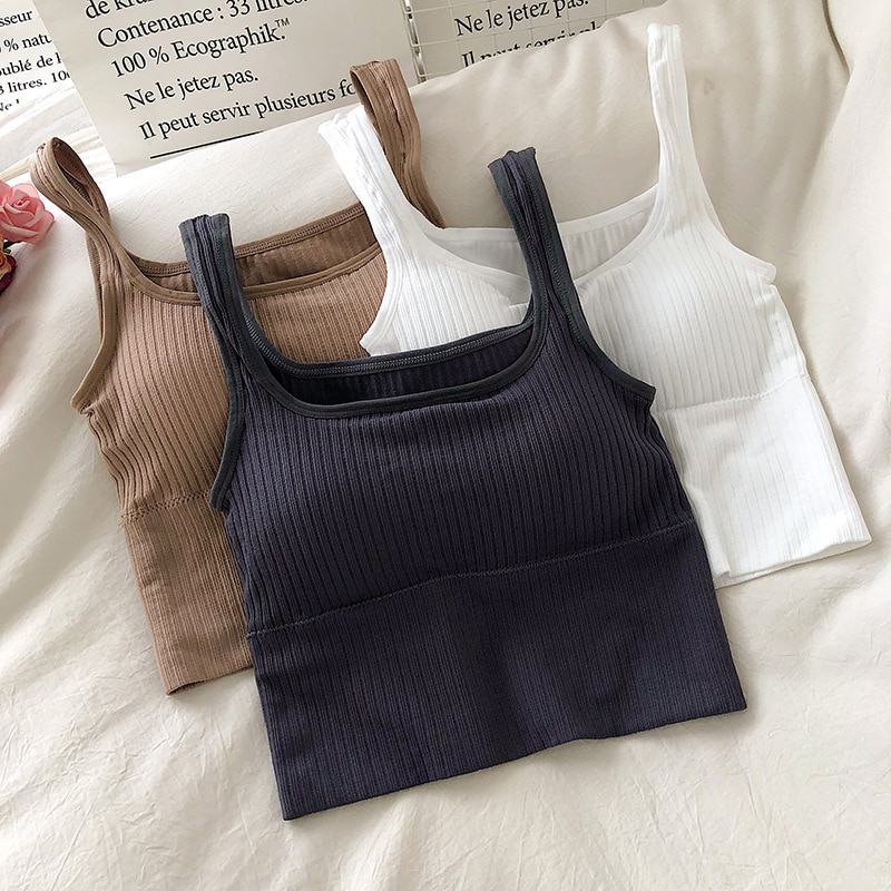 2023 New Seamless Crop Top Women Underwear Wire-Free U-Shaped Camisole Wide Straps Striped Solid Bralette Lingerie New
