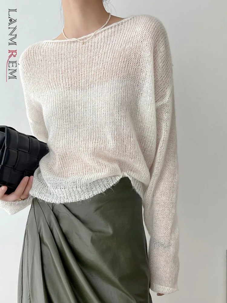 [LANMREM] Wool Knitting Pullover Sweater For Women Round Neck Long Sleeve Elegant Loose Female Tops
