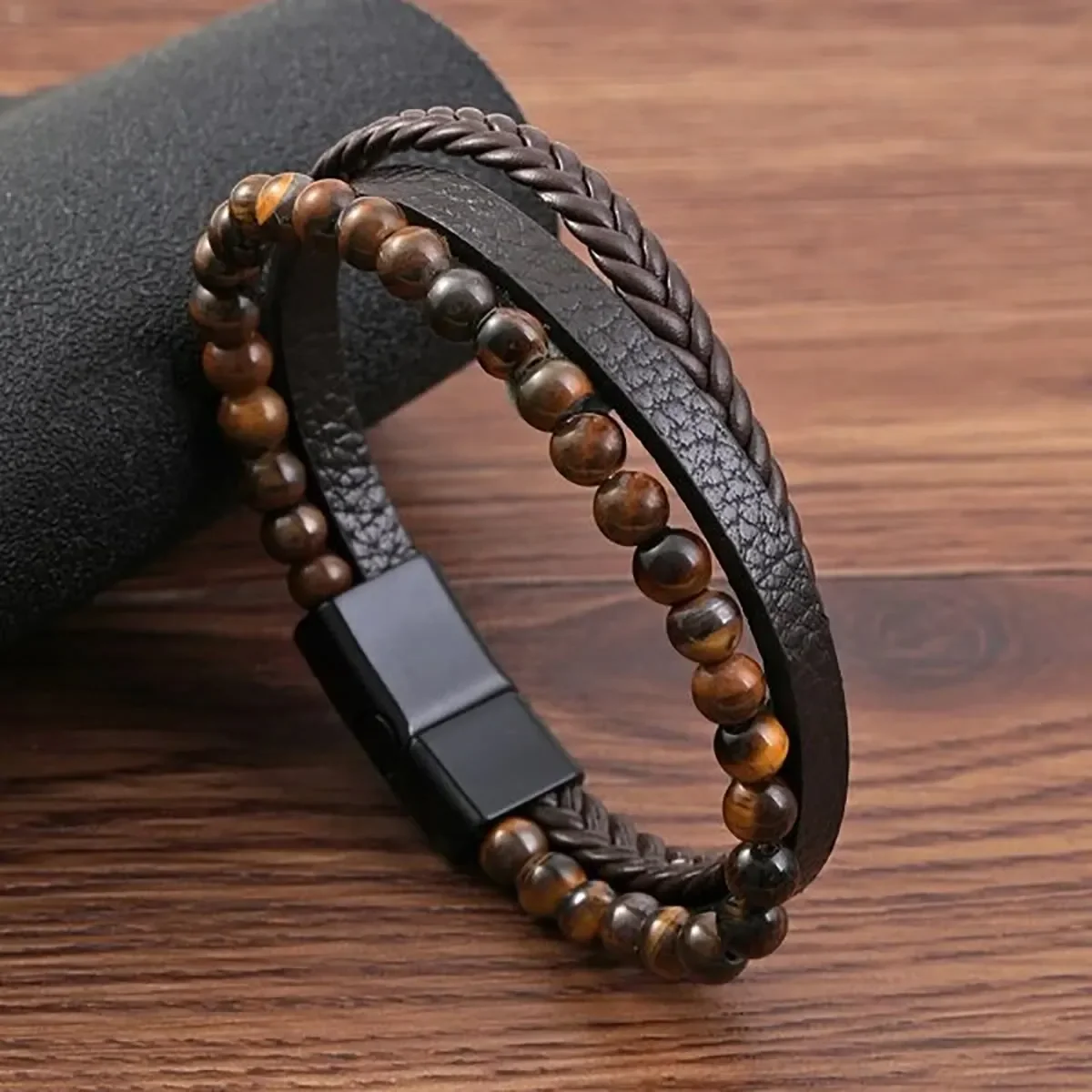 Multi -Style Volcanic Stone Or Tiger Eye Stone Plus PU Leather Three -Layer Men's Bracelet Business