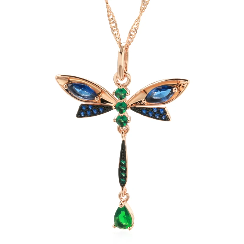 Kinel Hot Blue Natural Zircon Dragonfly Pendant Necklace For Women 585 Rose Gold and Black Plating