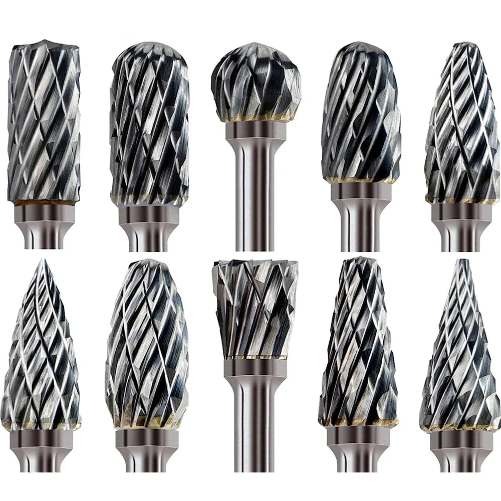 Tungsten Carbide Rotary Burr 10pcs Carving Burr Bits Double Diamond Cut Dremel Tools for Wood Stone
