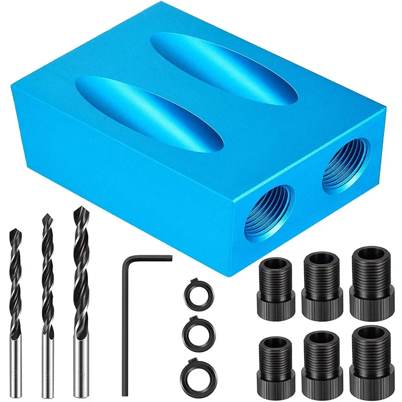 New Pocket Hole Jig Kit 15 Degree Angle Drill Guide Set Woodworking Oblique Hole Locator Drill Bits