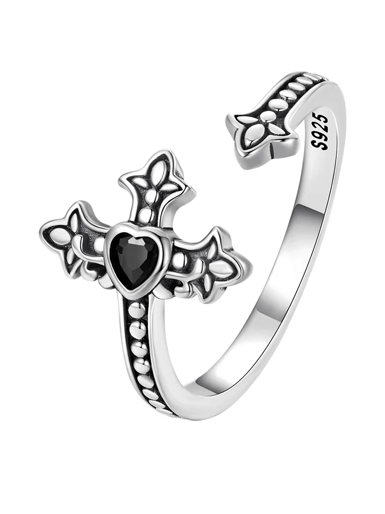 WOSTU Real 925 Sterling Silver Punk Jewelry Retro Cross Open Ring For Women Cool Black CZ Statement