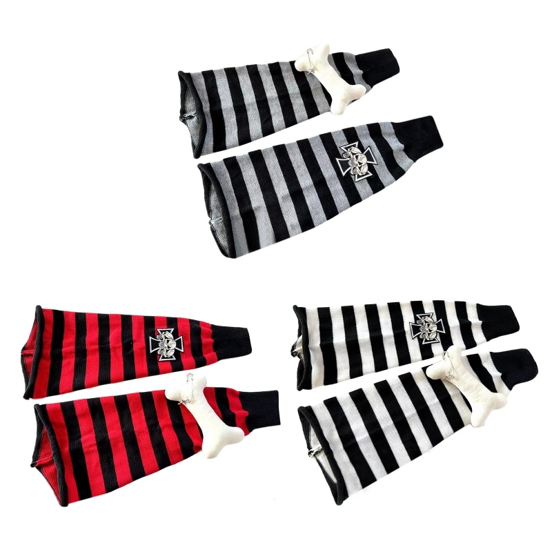 Harajuku Women Skull for Cross Bone Decorate Leg Warmer Striped Knit Knee High S