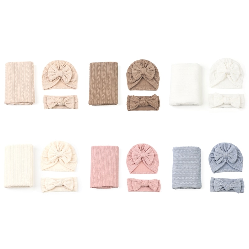 3pcs Baby Bowknot Babies Receiving Blankets Hats Headbands Photography Props Set for Girls Boys Shower Gift Y55B
