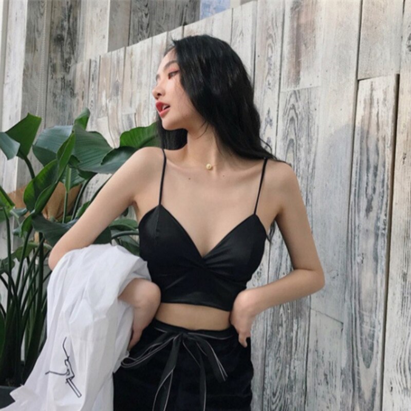Sexy Satin Crop Tops Women Wireless Bralette Crochet Top Female Spaghetti Strap T-shirt Cropped with Chest Padded Camisole Camis