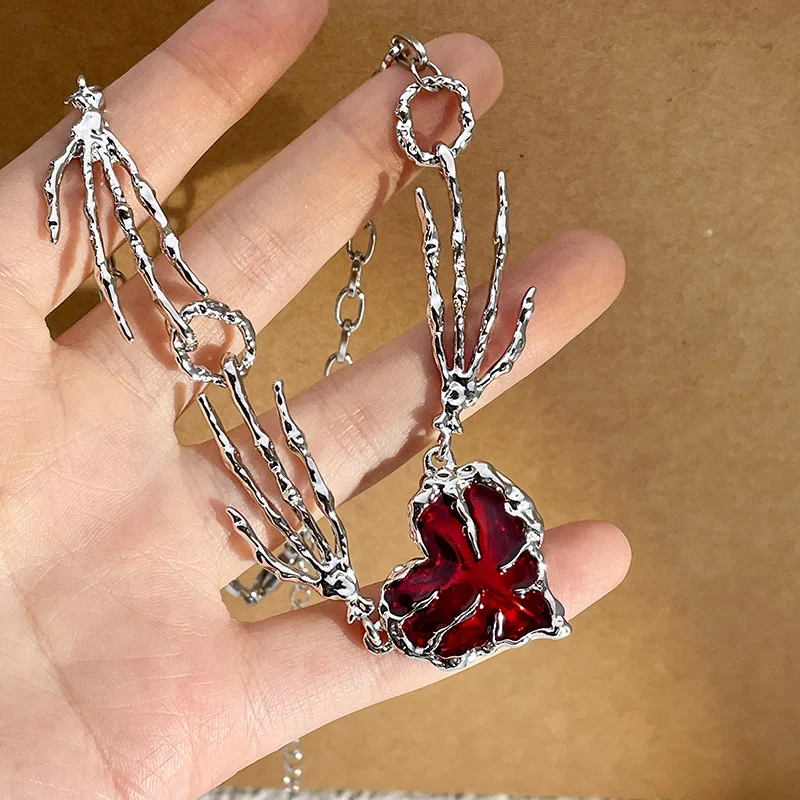 Gothic Ghost Claw Red Heart Necklace Irregular Dark Love Chain Necklaces Unisex Punk Harajuku Goth