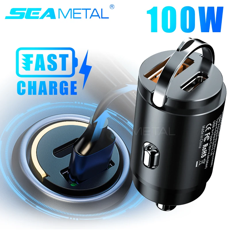 SEAMETAL 100W Car Phone Charger Super Fast Charging USB Charger 2-USB Mini Cigarette Lighter Adapter