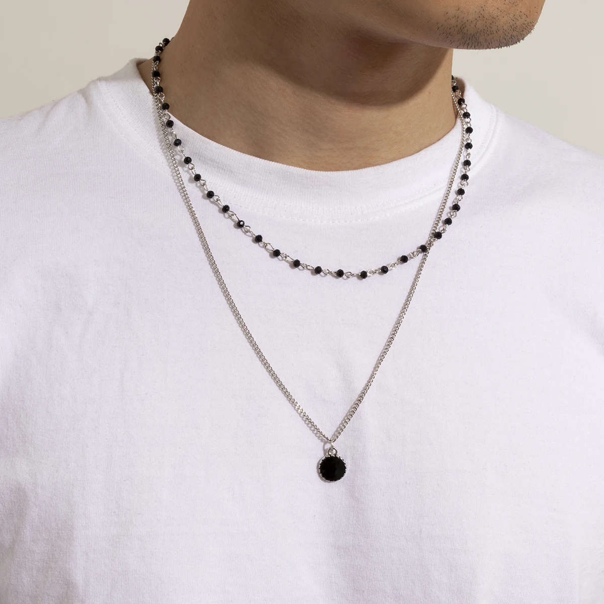 Layered Small Beads Chain with Black Coin Pendant Necklace Men Trendy Separable Choker Necklace 2023