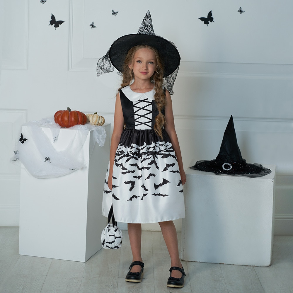 3Pcs Bat Witch Cosplay Girl Dress Halloween Girl Costume Party Children Kids Clothes 3 6 8 10 Year