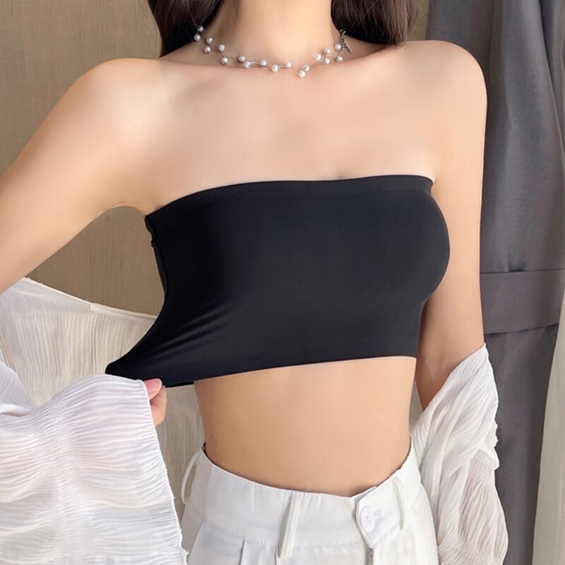 One Piece Summer Sexy Tube Tops Women Strapless Push Up Bra Lingerie Ice Silk Thin Seamless Word Sling Black White Bralette Top