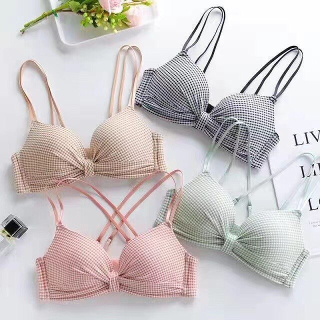 Women Push Up Sexy Underwear Girls Plaid Fold Backless Bra Brassiere Gather Lingerie Shoulder Strap Lattice Soft Thin Breathable