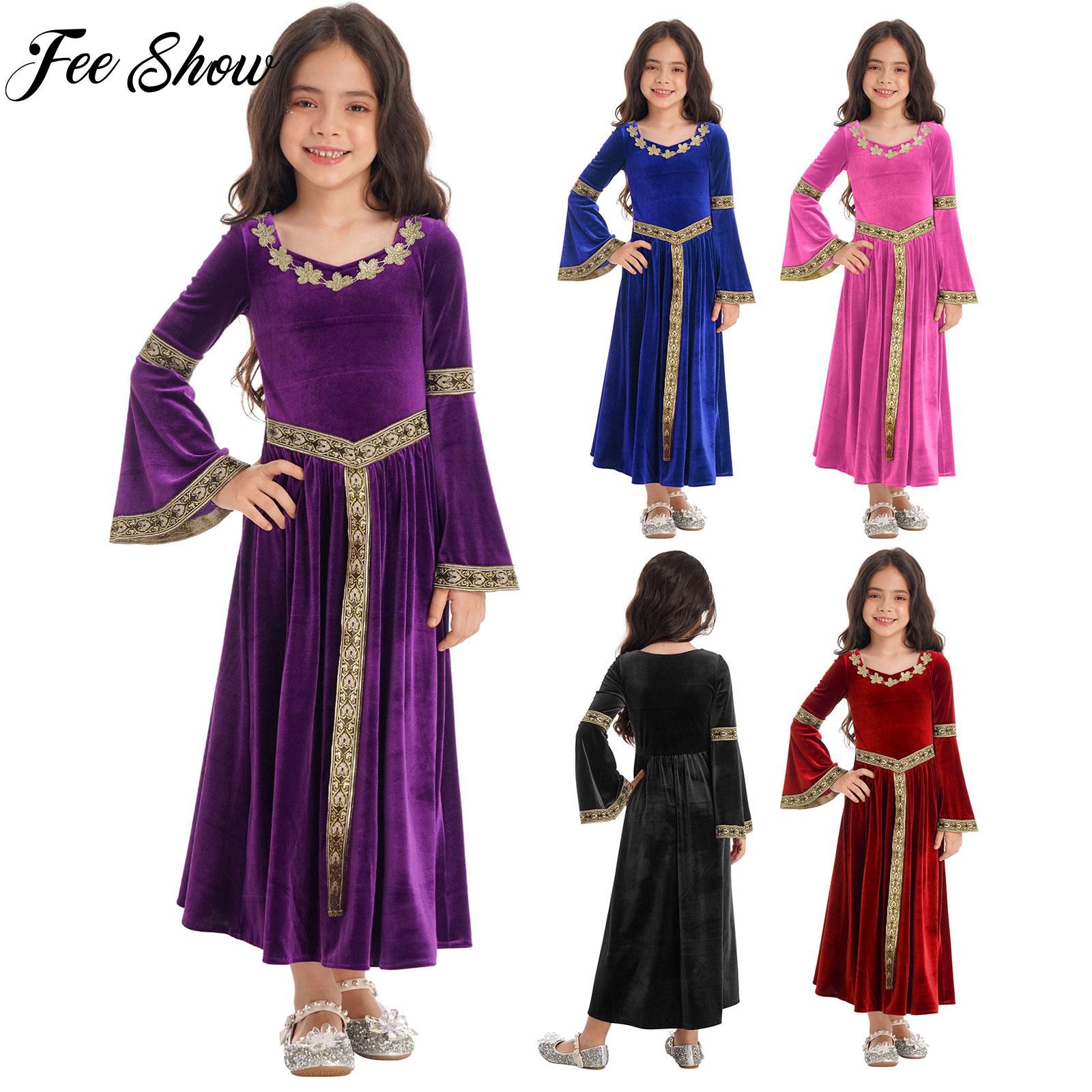 6-16 Kids Girls Medieval Princess Velvet Dress Long Flare Sleeve Retro Patterned Band Dress Up Costumes Halloween Dress Up