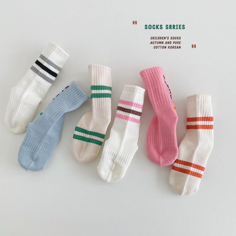 3 Pairs Children Knit Soft Cotton Striped Letter Socks Kids Knee High Socks Infant Toddler Baby Boys Girls Cute Stripe Socks