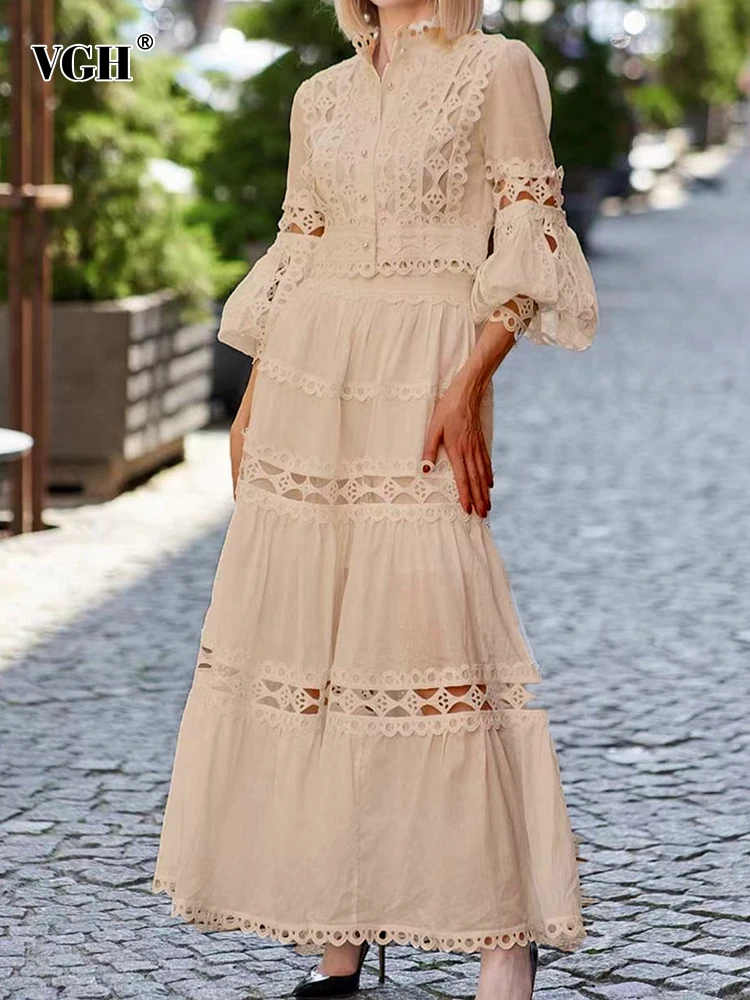 VGH Solid Two Piece Set For Women Stand Collar Lantern Sleeve Spliced Single Breastes Tops High