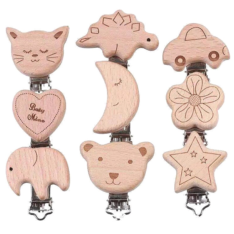 Engraved Cartoon Animal Flower Heart Moon Baby Drop Proof Beech Wood Pacifier Clip DIY Pacifiers Chain Clip Baby Accessories