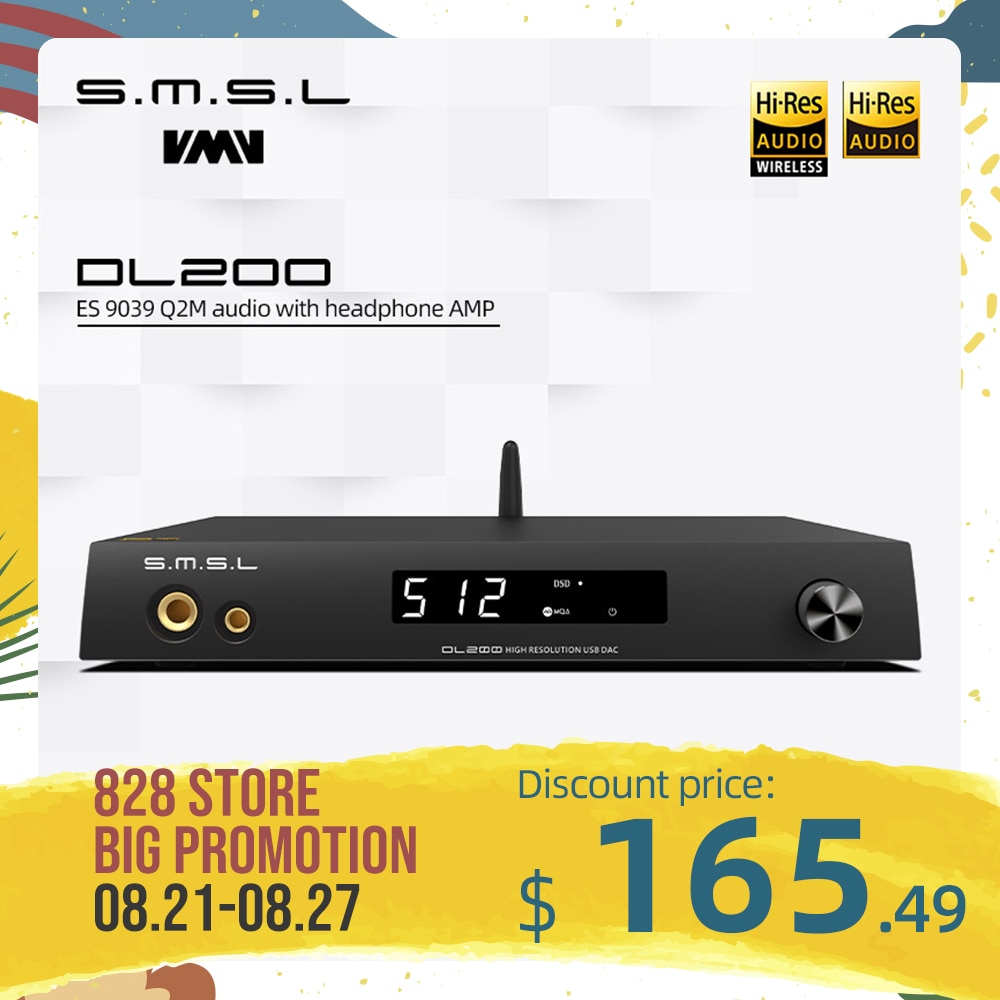 SMSL DL200 AUDIO DAC & Headphone Amplifier MQA-CD ES9039Q2M Bluetooth APTX HD OPA1612 XU-316 DSD512 With Remote Control