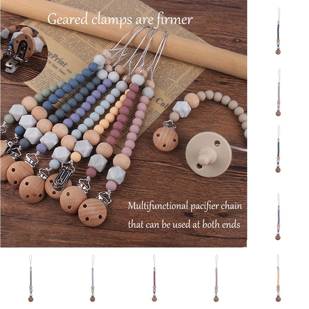 Silicone Beads Pacifier Clips Chain Anti-lost Adjustable Wood Nipple Holder Clips Teether Toys Straps Toddler