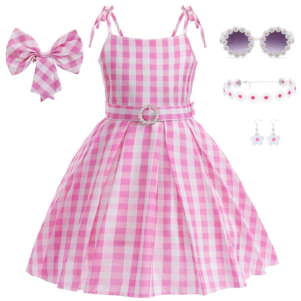 Halloween Adult Girls Margot Robbie Pink Barbi Cosplay Costume Fashion Clothing Set Vintage Bow Elegant Plaid Dress