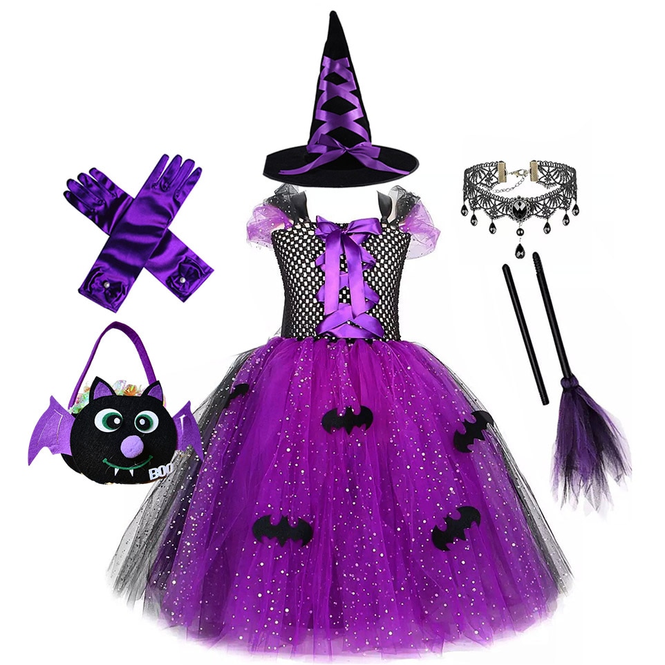 2023 Halloween Witch Tutu Dress for Girls Handmade Mesh Wizard Cosplay Costumme with Hat Broom Toddler Evil Villain Clothing Set
