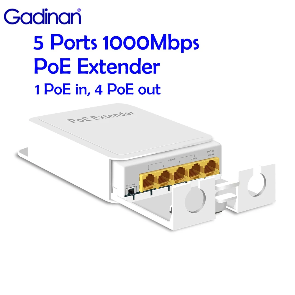 Gadinan PoE Extender 5 Ports Gigabit 1000Mbps Waterproof POE Repeater IP Port Transmission Outdoor